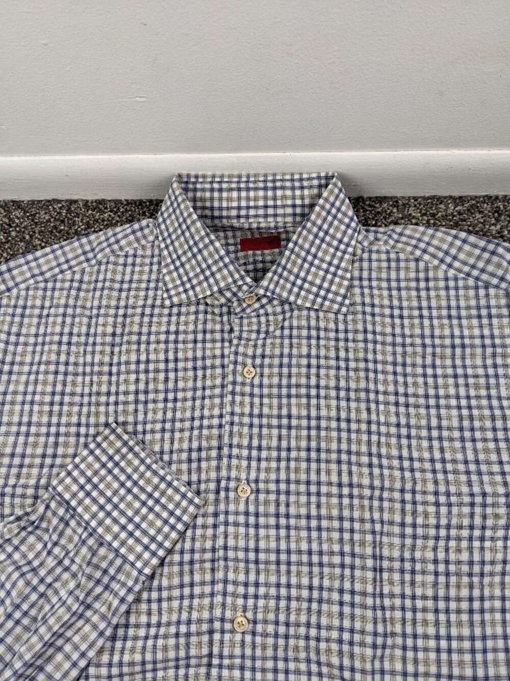 Isaia Napoli Dress Shirt Long Sleeve Button Up Blue Gray Plaid Size 17 | 43